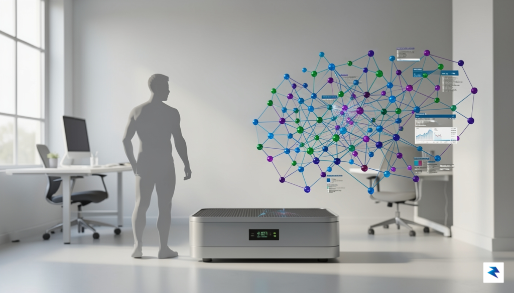 A conceptual illustration showing a digital scale balancing a human&hellip;