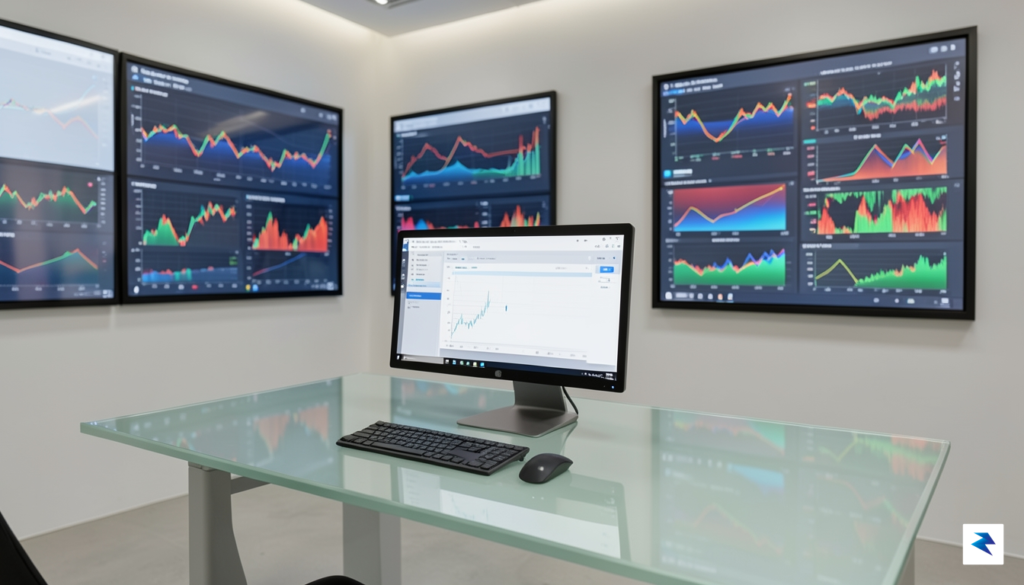 A modern, minimalist office workspace with digital data visualization screens&hellip;