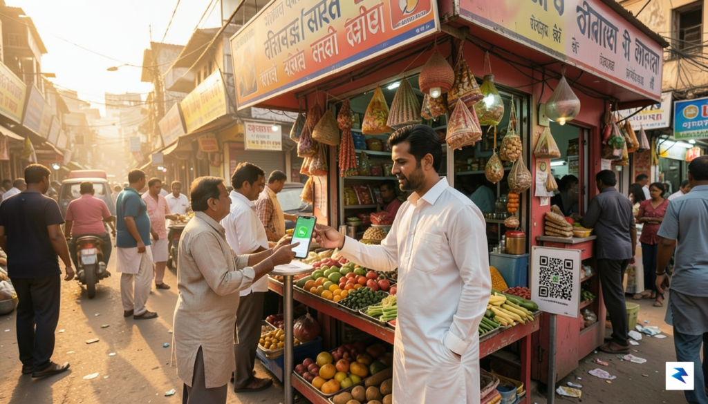 A modern, bustling Indian street scene where a local shopkeeper&hellip;