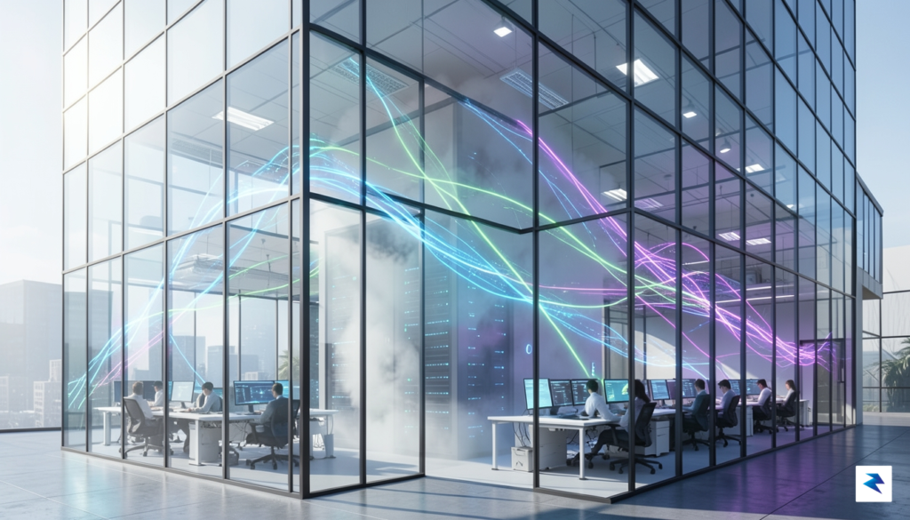 A conceptual digital illustration showing a glass office building with&hellip;