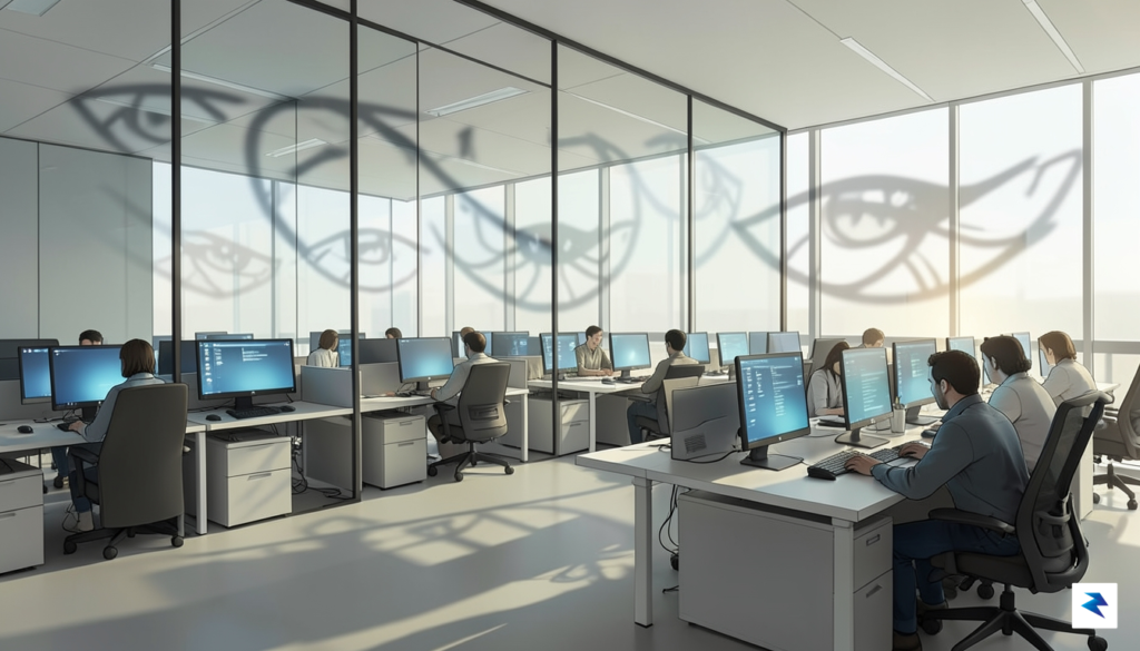 A conceptual digital illustration showing a glass-walled office space where&hellip;