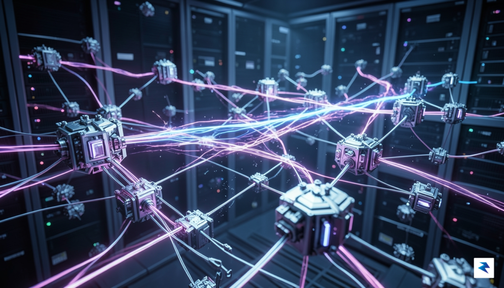 A conceptual digital visualization showing interconnected data nodes and glowing&hellip;