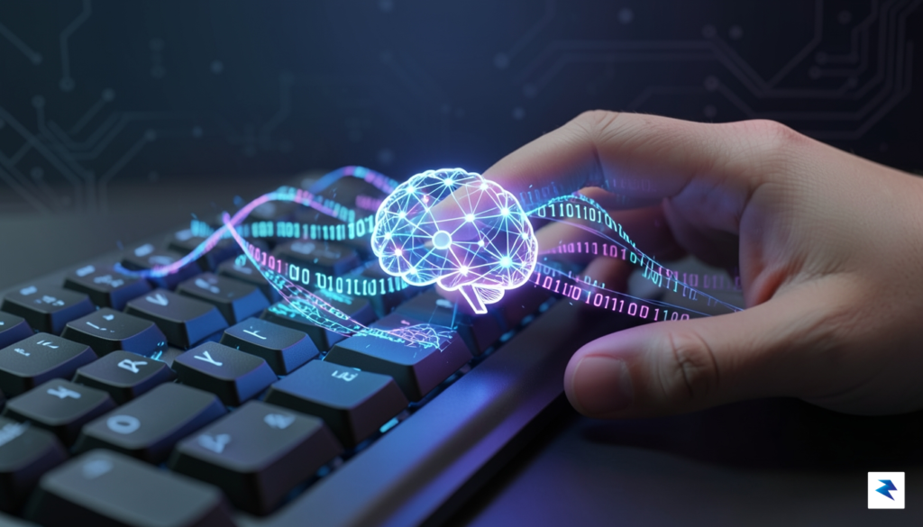 A conceptual digital visualization showing a human hand typing on&hellip;