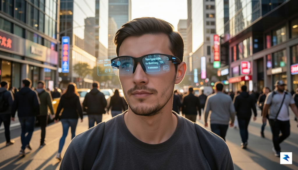 A person wearing sleek, modern smart glasses subtly interacting with…