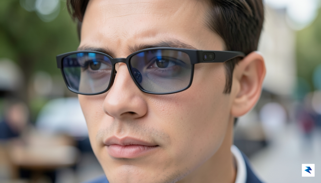 A close-up shot of the Meta smart glasses on a…