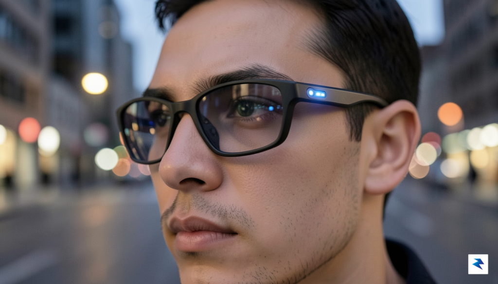 A close-up shot of a person wearing sleek, modern smart…