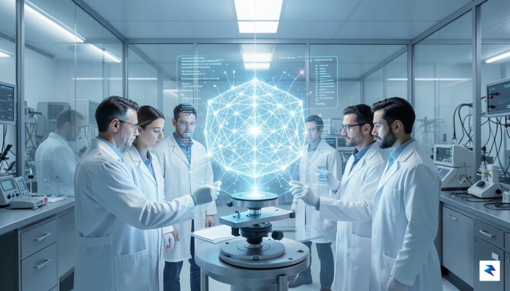 A conceptual digital illustration showing a glowing, multi-faceted quantum processor&hellip;