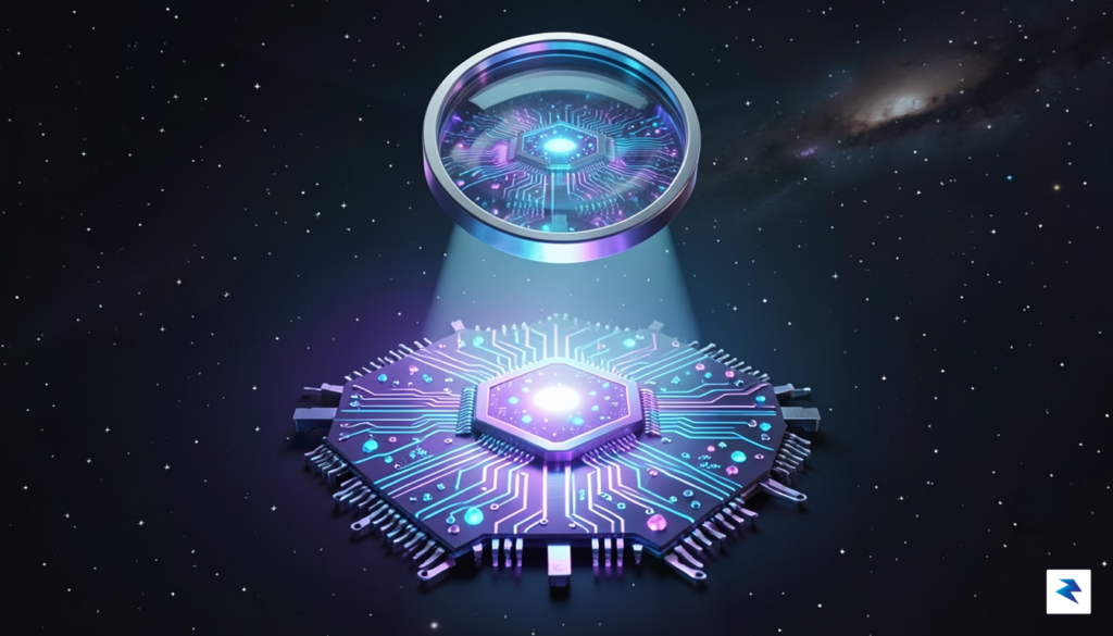 A conceptual digital illustration showing a complex, glowing quantum processor&hellip;