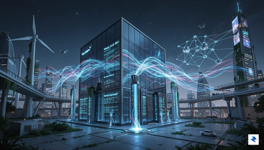 A conceptual digital illustration of a high-tech data center connected…