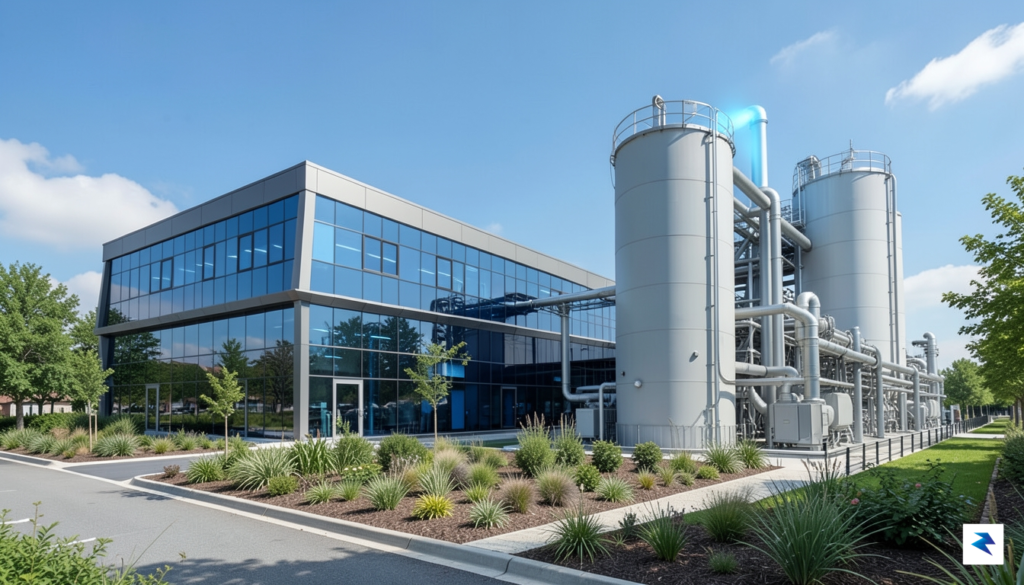 A modern, high-tech data center exterior integrated with a natural…