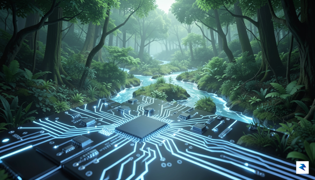 A conceptual digital illustration showing a glowing circuit board transforming…