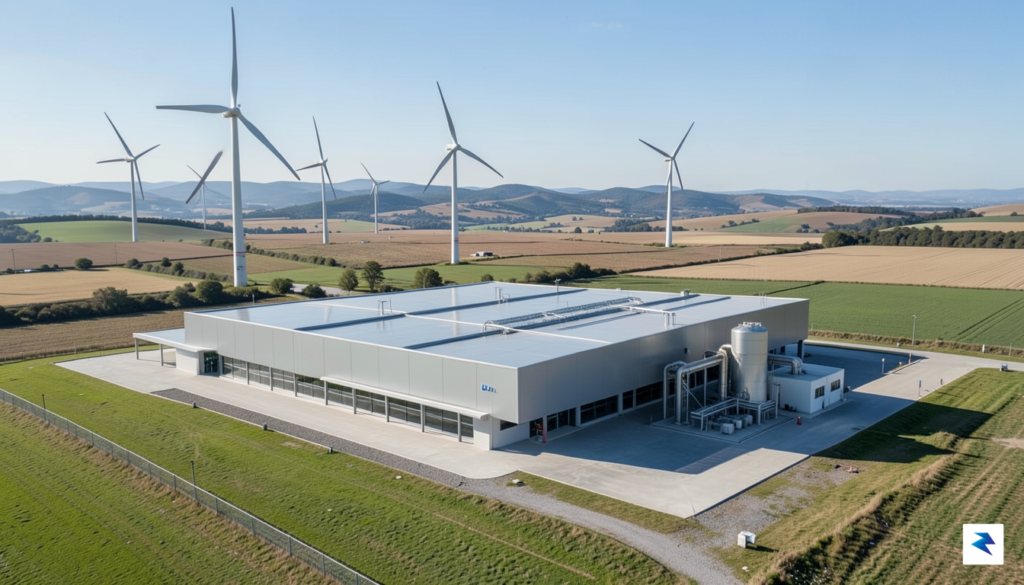 An aerial view showing a modern, sleek data center complex…