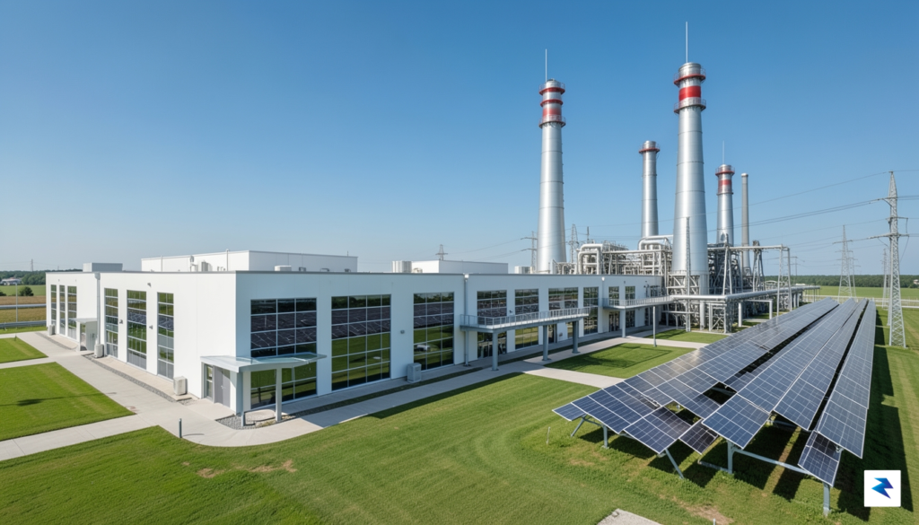 A wide-angle, cinematic shot of a modern, sleek data center…
