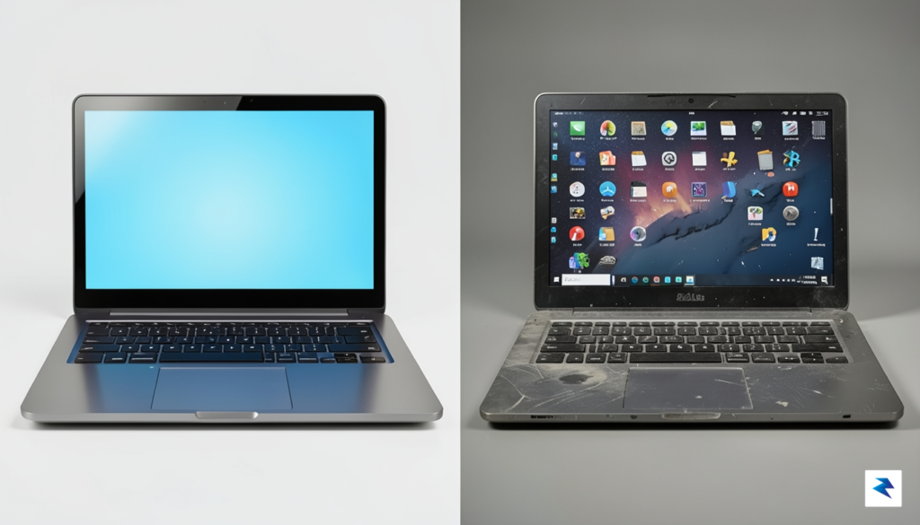 A conceptual split-screen illustration showing a shiny new 8GB laptop&hellip;