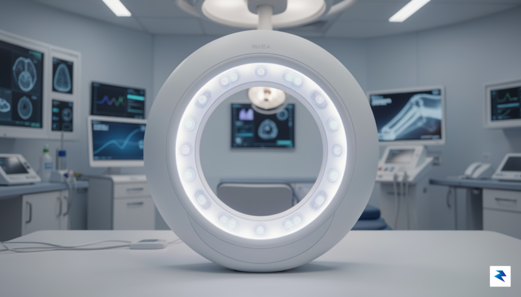 A conceptual, sleek medical scanning ring device made of matte&hellip;