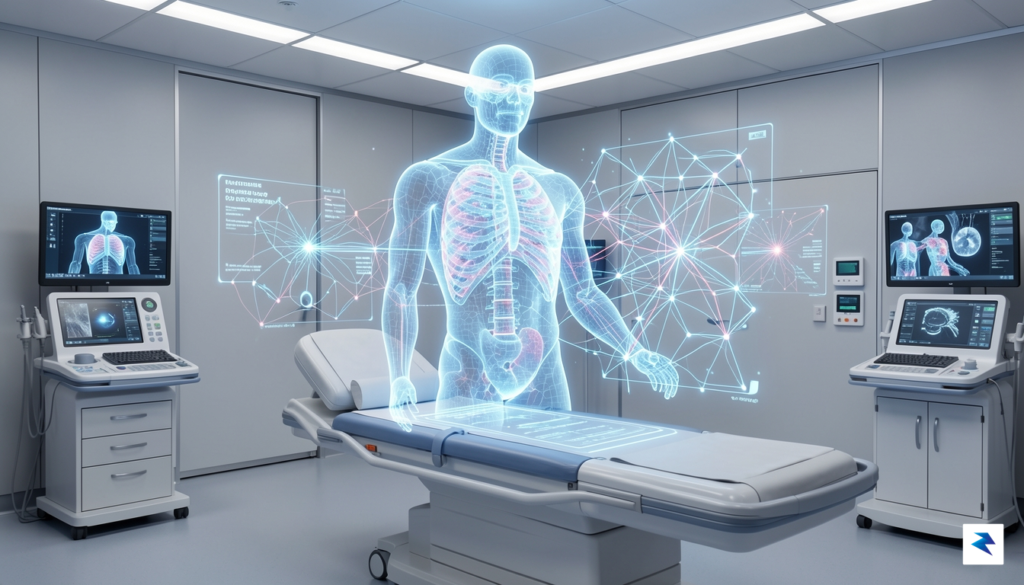 A high-tech medical imaging suite showing a translucent 3D holographic&hellip;