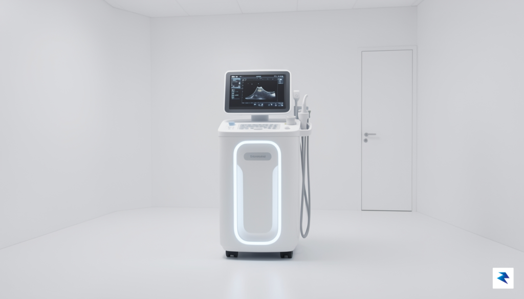 A sleek, minimalist medical ultrasound device featuring soft, rounded industrial&hellip;