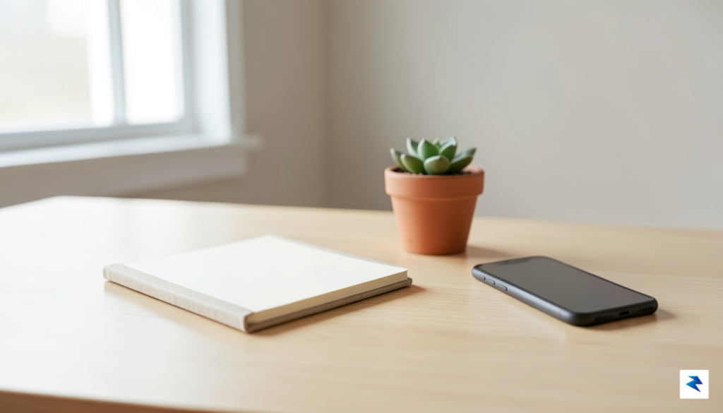 A clean, minimalist wooden desk setup featuring a single analog&hellip;