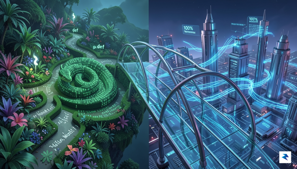 A conceptual digital illustration showing a bridge connecting a Python-themed&hellip;