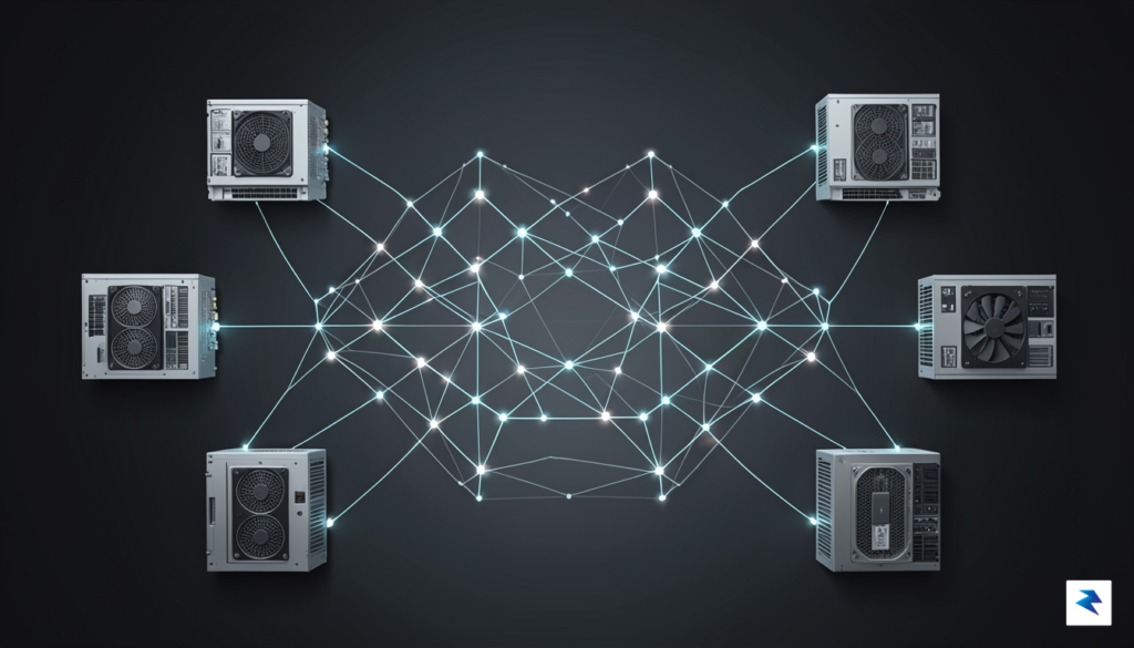 A sleek, professional illustration of a digital neural network backbone&hellip;