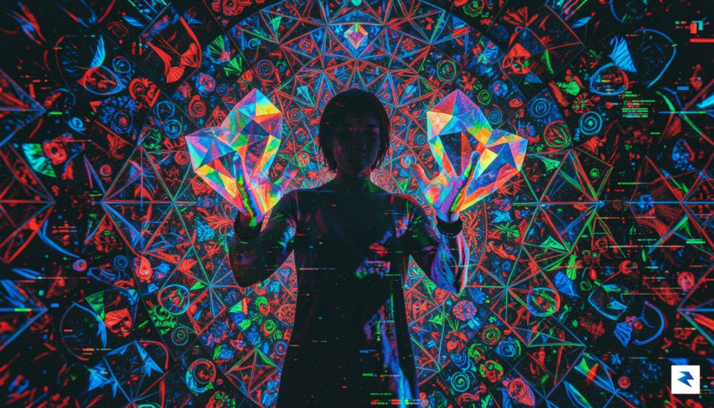 A surreal, lo-fi digital art piece depicting a character with&hellip;