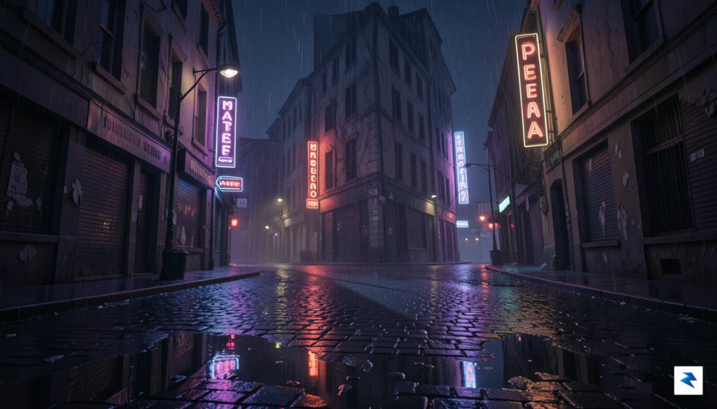 A surreal, moody street corner in a noir-inspired city, illuminated&hellip;