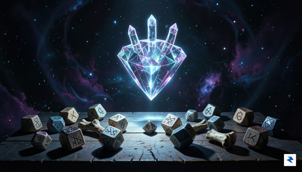 A surreal, high-contrast digital painting showing a glowing, geometric diamond-shaped&hellip;