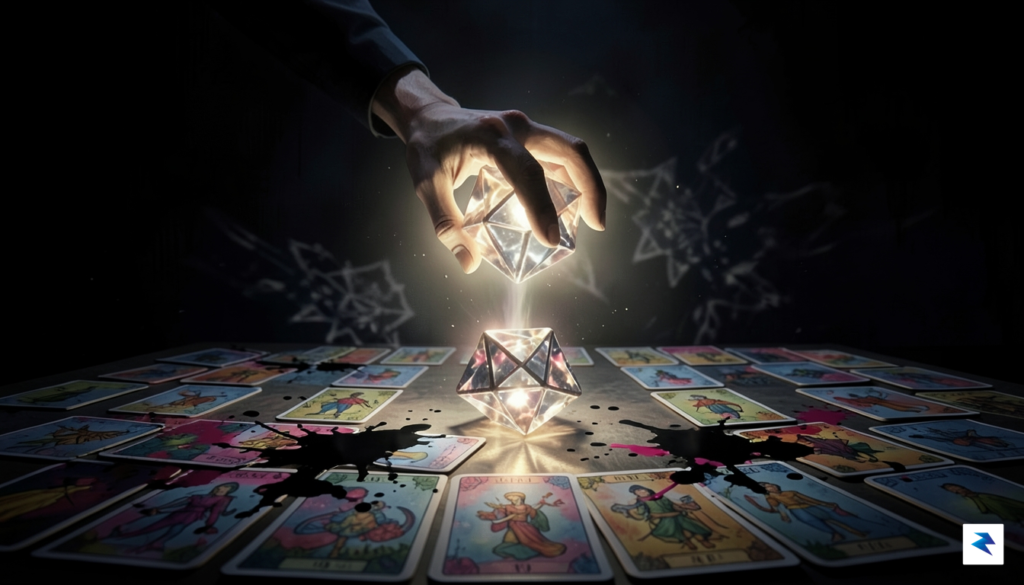 A surreal, high-contrast illustration of a character&rsquo;s hand hovering over&hellip;