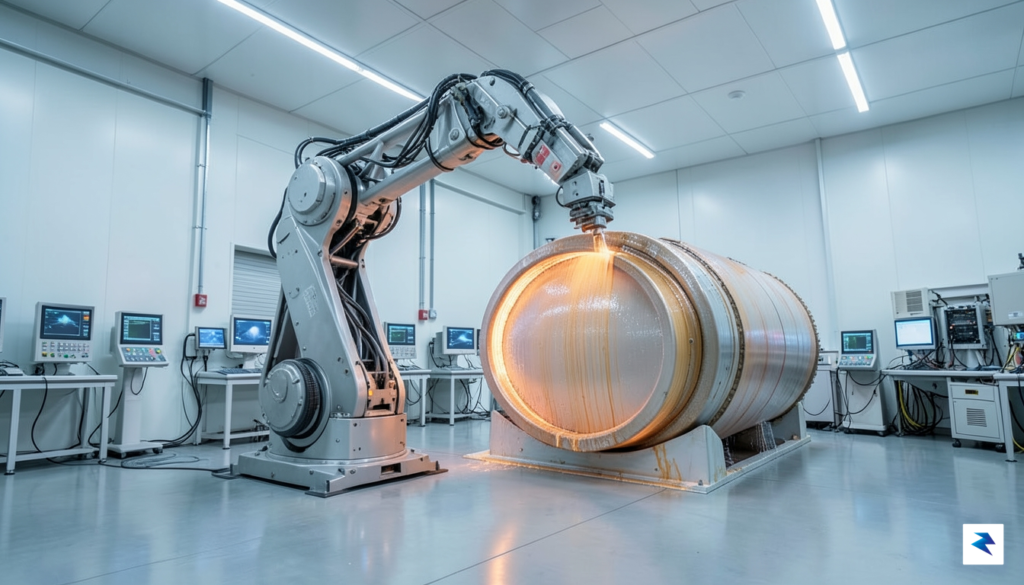A wide-angle view of a massive, robotic 3D-printing arm depositing&hellip;