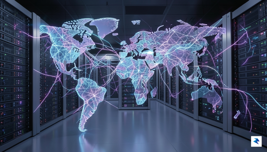 A conceptual digital illustration of a glowing, interconnected global data&hellip;