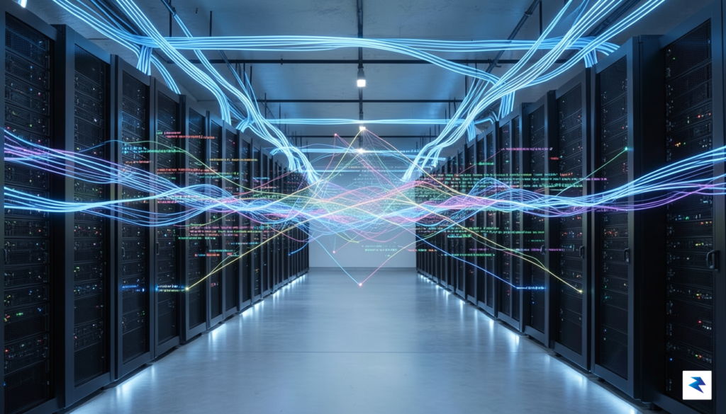 A sleek, modern data center server room illuminated by glowing&hellip;