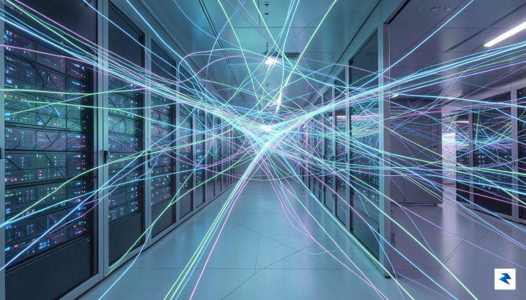 A high-tech, futuristic data center visualization showing glowing interconnected fiber&hellip;