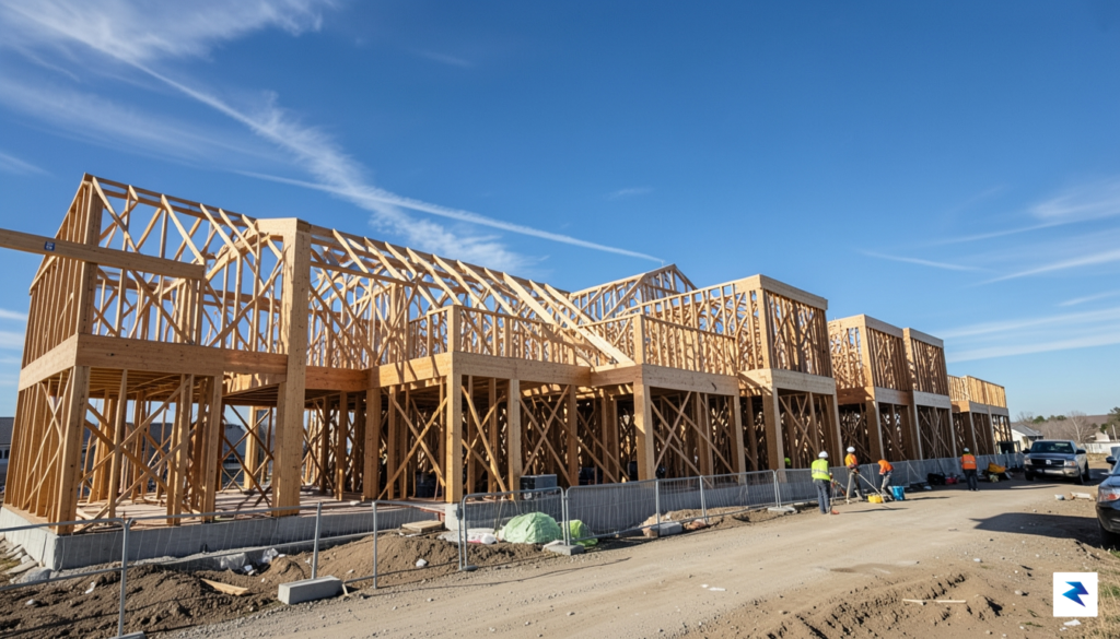 A wide-angle, high-resolution photograph of a modern residential construction site&hellip;