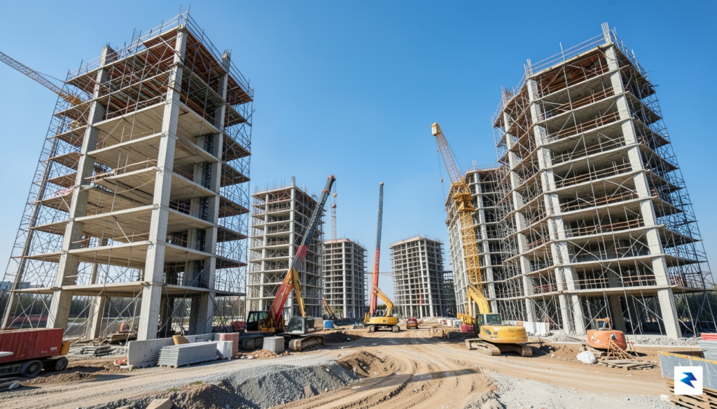 A wide-angle view of a construction site showing the skeletal&hellip;