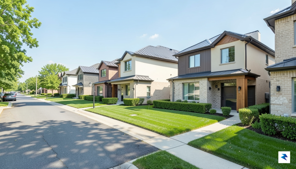 A modern, sunlit suburban neighborhood featuring rows of neatly constructed,&hellip;