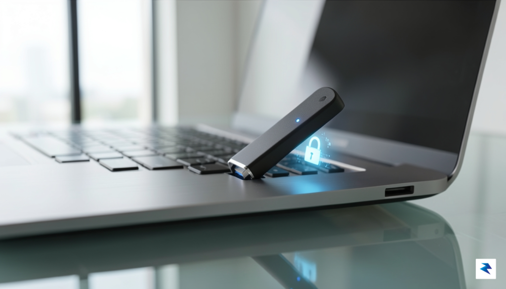 A close-up shot of a USB flash drive being inserted&hellip;