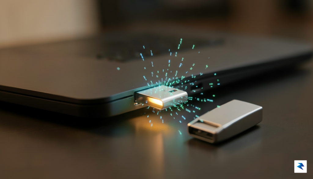 A close-up, cinematic shot of a metallic USB flash drive&hellip;