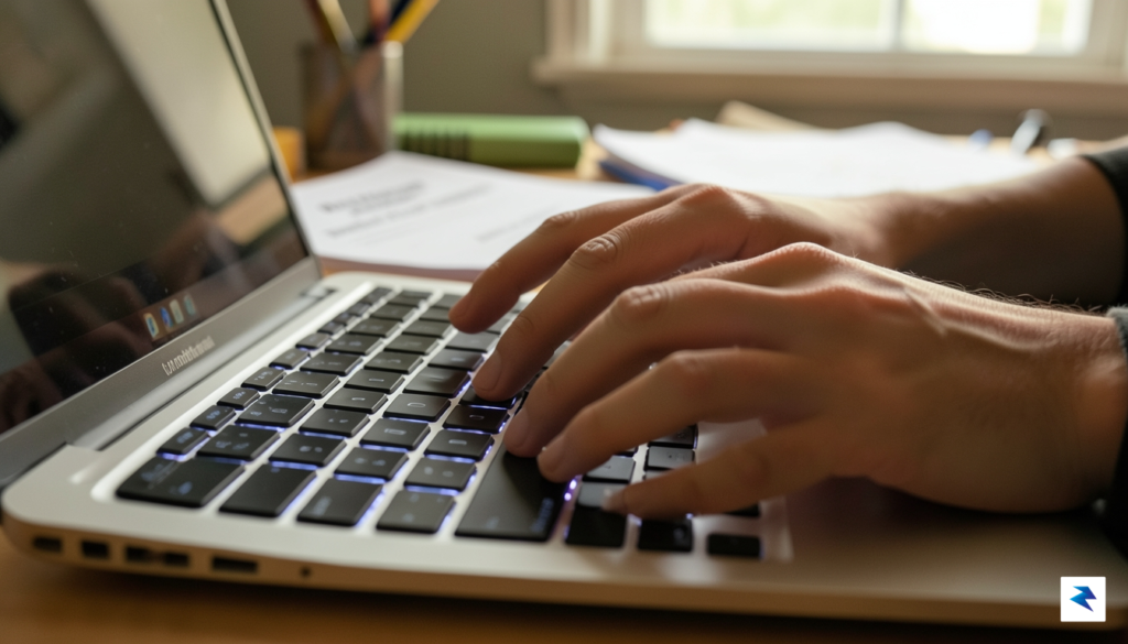 A close-up of hands typing on a laptop keyboard, with&hellip;