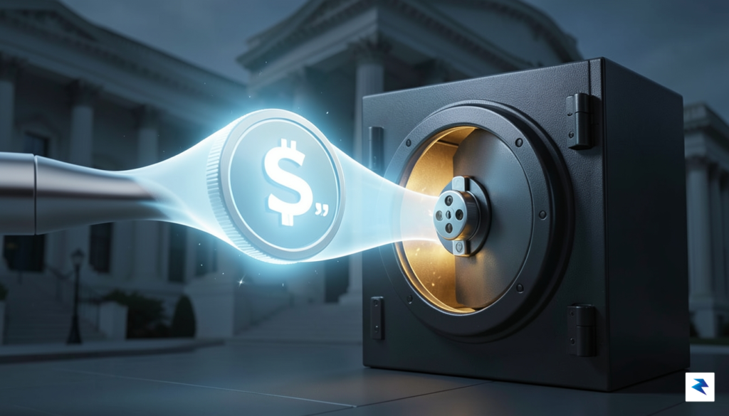 A digital illustration showing a glowing stablecoin icon being funneled&hellip;