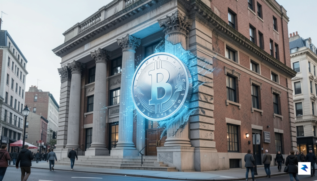 A conceptual illustration showing a digital dollar coin merging seamlessly&hellip;