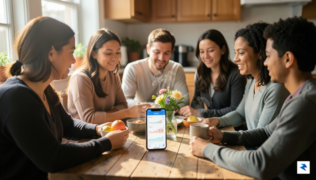 A diverse group of parents looking at a smartphone app…