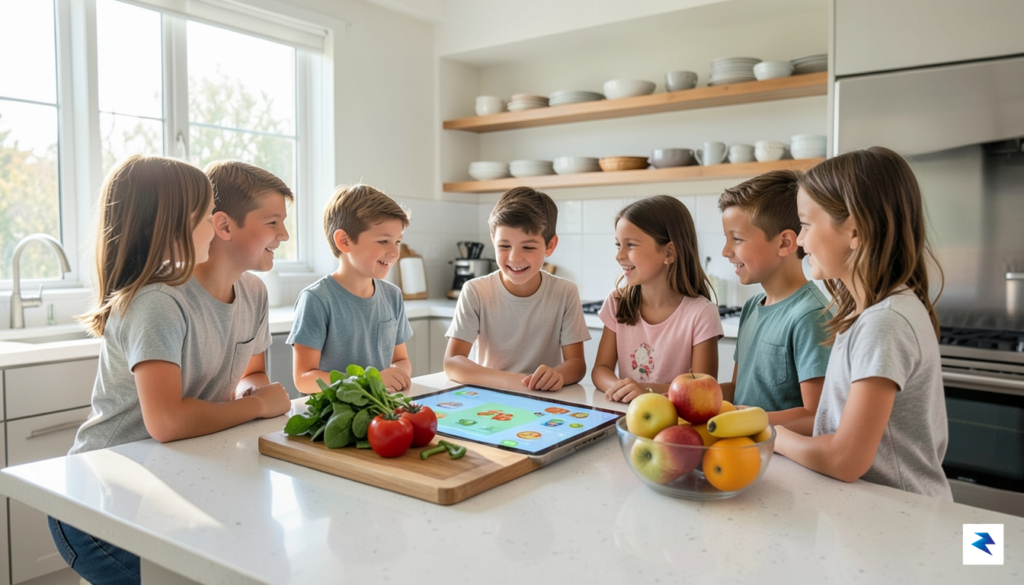 A diverse group of children and parents looking at a…
