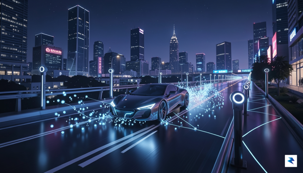 A conceptual digital illustration showing a futuristic highway at night,&hellip;