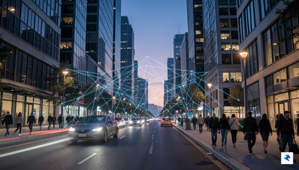 A conceptual, high-tech urban street scene at dusk, featuring a&hellip;