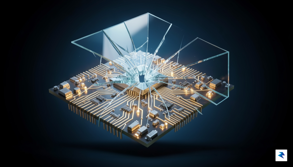 A conceptual digital art piece depicting a glowing, intricate silicon&hellip;