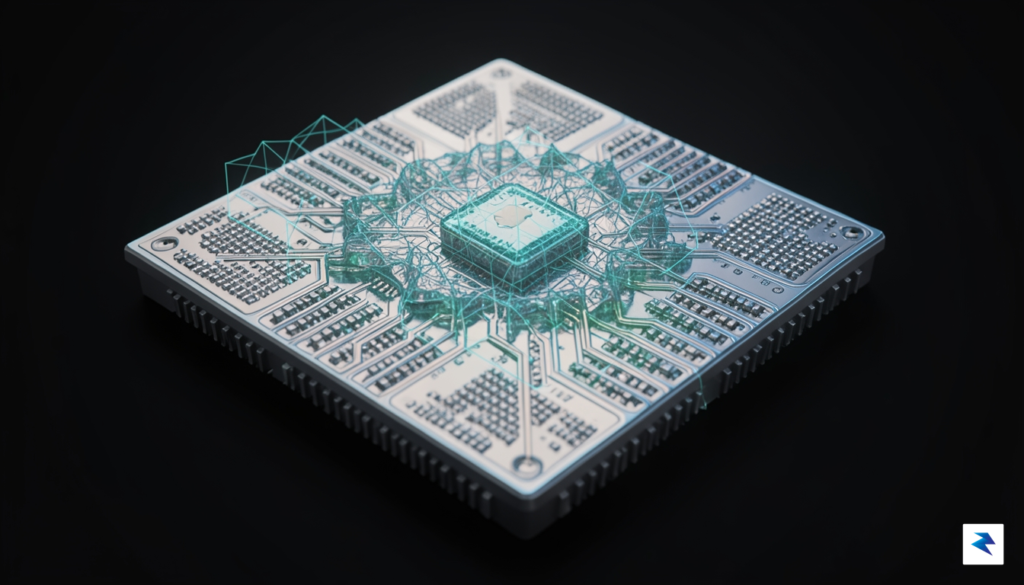 A detailed 3D render of an Apple A-series processor die,&hellip;