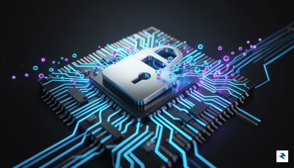 A close-up, high-tech conceptual visualization of a microscopic silicon chip&hellip;