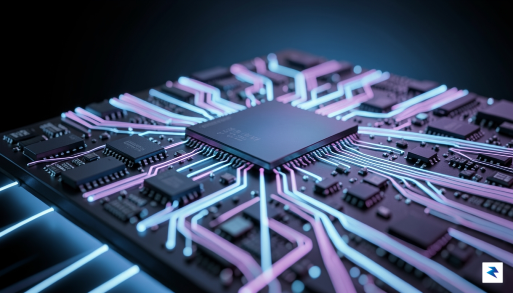 A close-up, high-tech microscopic view of a silicon processor chip&hellip;