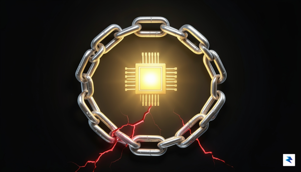 A conceptual digital illustration showing a glowing, golden microchip at&hellip;