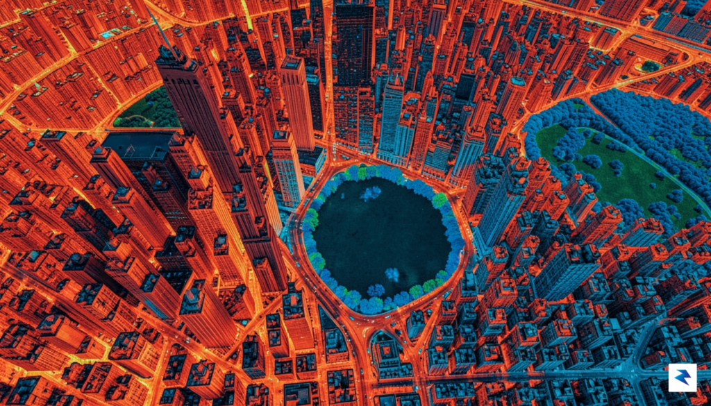 An overhead, high-contrast thermal satellite view of New York City&hellip;